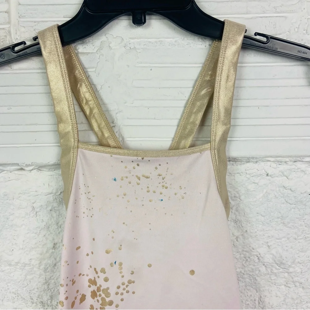 Justice light pink and golden splatter print stretch gymnastics, Roper onesie XL